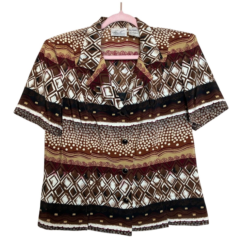 Vintage Kathie Lee Collection Blouse Brown Tan Patterned Short Sleeve Women's 16